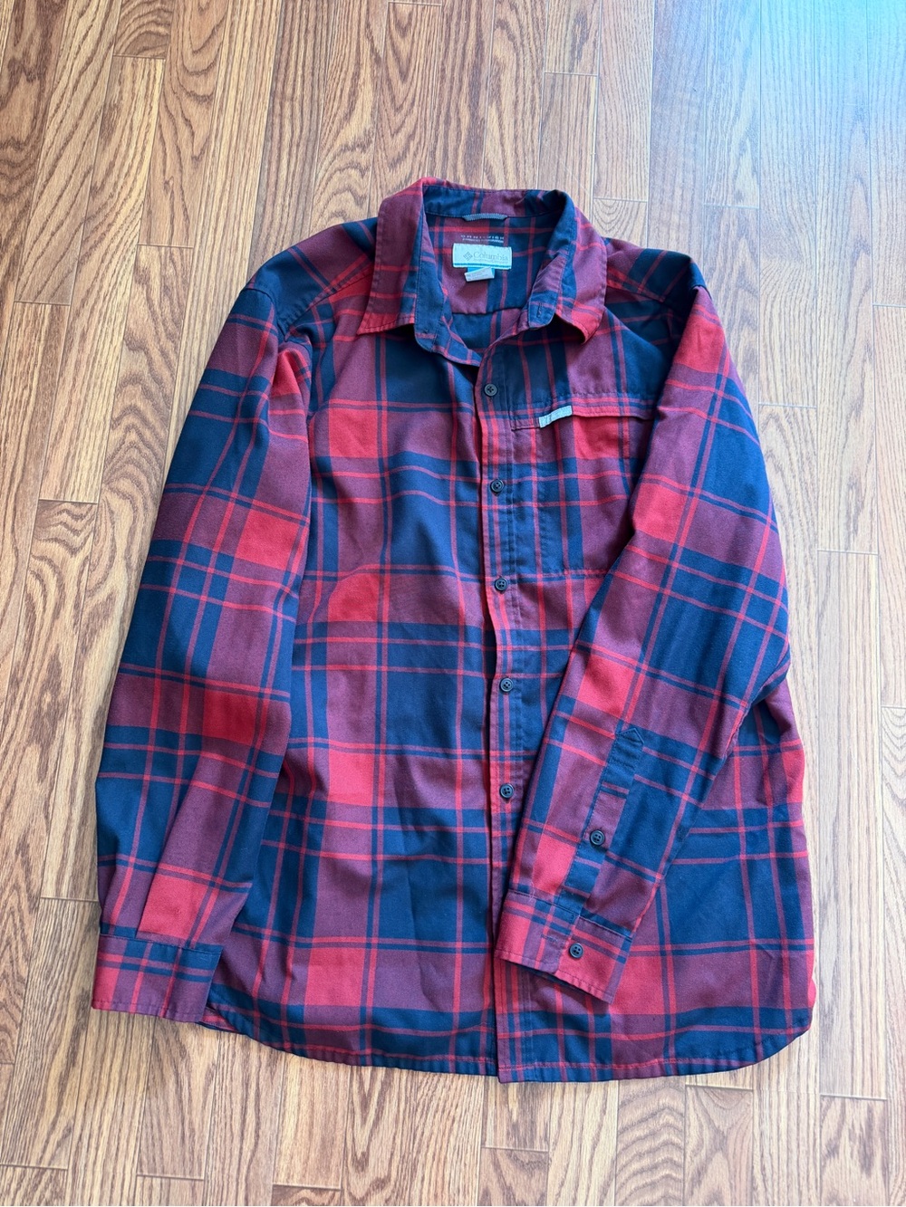 Columbia Red and Black Plaid Long-Sleeve Button-Up Shirt - Oversized Boyfriend